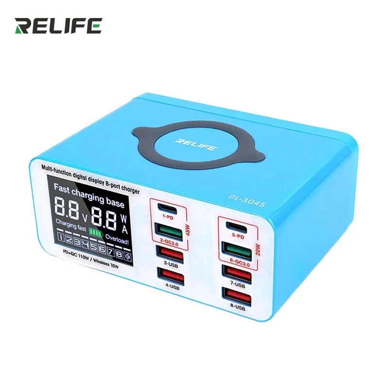 RELIFE RL-304S 1+8 Multifunctional Digital Display 8 port Charger for IP/HW/VI/OP/MI/MZ/SAM and other Brands of Mobile Phones